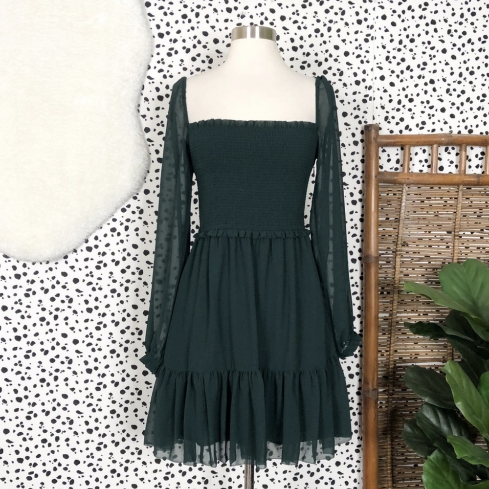 Wilfred Tempest Forest Green Sheer Smocked Tiered Aritzia Mini Dress S